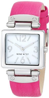 Nine West NW/1589WTPK Rectangular Silver-Tone Case Pink Strap