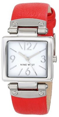 Nine West NW/1589WTRD Rectangular Silver-Tone Case Red Strap