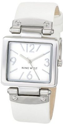 Nine West NW/1589WTWT Rectangular Silver-Tone Case White Strap