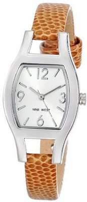 Nine West NW/1599SVBN Cushion Shaped Silver-Tone Case Brown Lizard-Grain Strap