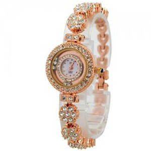 B2601 Mini Rhinestone Metal Band with Flower Round Dial Quartz Movement Wrist -Golden