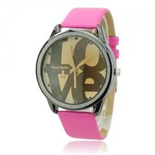 Cute Soft PU Leather Band LOVE Round Dial Quartz Movement Wrist -Red band