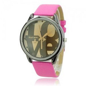 Cute Soft PU Leather Band LOVE Round Dial Quartz Movement Wrist -Red band