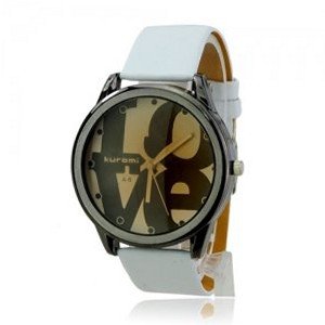 Cute Soft PU Leather Band LOVE Round Dial Quartz Movement Wrist -White band