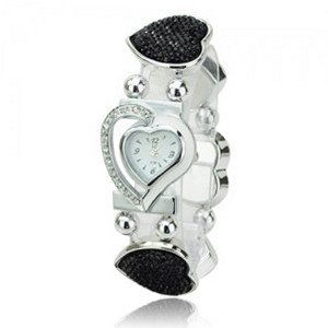Elegant Graceful Rhinestone Stainless Steel Quartz Movement Bracelet Wrist - Black