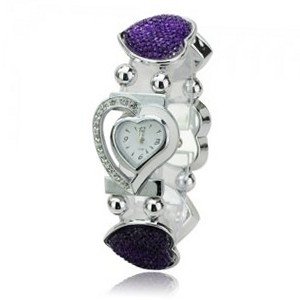 Elegant Graceful Rhinestone Stainless Steel Quartz Movement Bracelet Wrist - Purple