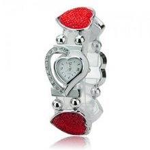 Elegant Graceful Rhinestone Stainless Steel Quartz Movement Bracelet Wrist - Red