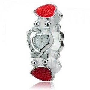 Elegant Graceful Rhinestone Stainless Steel Quartz Movement Bracelet Wrist - Red