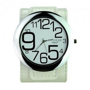 Elegant PU Leather Band Round Dial Big Digit Quartz Movement with Waterproof and Stainless Steel Back -White