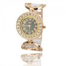 Fashionable Graceful Metal Round Embellishment Band Round Dial Rhinestone-inlaid Quartz Movement Wrist -Black