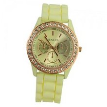 Geneva Luxury Silicone Band 3D Design Style Rhinestone Bezel for Woman - Beige