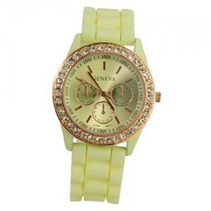 Geneva Luxury Silicone Band 3D Design Style Rhinestone Bezel for Woman - Beige