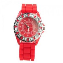 Geneva Silicone Wristband Round Metal Frame dial Crystals Decor Quartz -Red