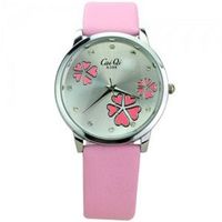 Graceful PU Leather Band Round Dial Embedded Flower Pattern Rhinestones as Scale Quartz Movement-Pink