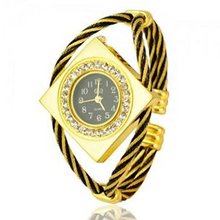 Metal Weave Design Bracelet Quartz Movement Wrist Set with Rhinestone Decoration - Black