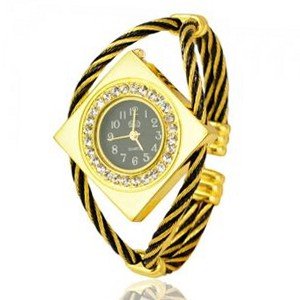 Metal Weave Design Bracelet Quartz Movement Wrist Set with Rhinestone Decoration - Black
