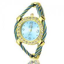 Metal Weave Design Bracelet Quartz Movement Wrist Set with Rhinestone Decoration - Blue