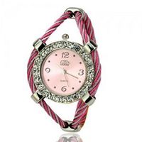Metal Weave Design Bracelet Quartz Movement Wrist Set with Rhinestone Decoration - Pink