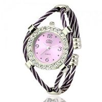 Metal Weave Design Bracelet Quartz Movement Wrist Set with Rhinestone Decoration - Purple