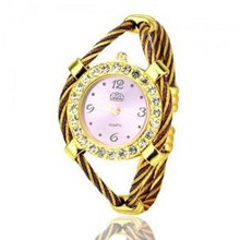 Metal Weave Design Bracelet Quartz Movement Wrist Set with Rhinestone Decoration - Purple