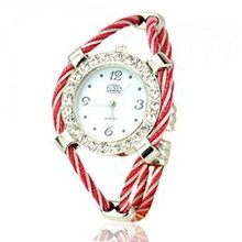 Metal Weave Design Bracelet Quartz Movement Wrist Set with Rhinestone Decoration - Red