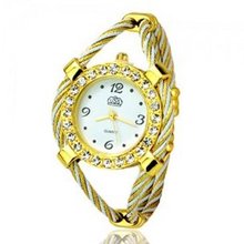 Metal Weave Design Bracelet Quartz Movement Wrist Set with Rhinestone Decoration - White