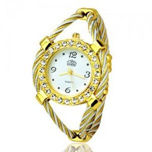 Metal Weave Design Bracelet Quartz Movement Wrist Set with Rhinestone Decoration - White