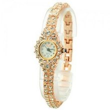 Mini and Graceful Rhinestone Metal Band Round Dial Quartz Movement Wrist -Golden