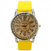 PU Leather Band Big Scale Rhinestones Round Dial Quaretz Movement with Waterproof and Stainless Steel Back-Yellow band