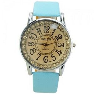 PU Leather Band Big Scale Rhinestones Round Dial Quaretz Movement with Waterproof and Stainless Steel Back-Blue sky band