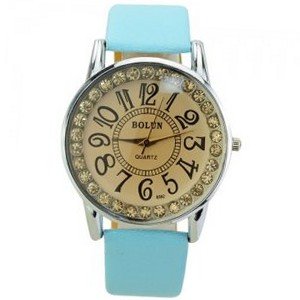 PU Leather Band Big Scale Rhinestones Round Dial Quaretz Movement with Waterproof and Stainless Steel Back-Blue sky band