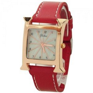 PU Leather Band Square Dial Rhinestones as Scale Quartz Movement with Waterproof and Stainless Steel Back-Red band