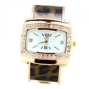 Rose Gold Bracelet Quartz for Female Crystal Bezel Pu Leather Decor- Brown tone