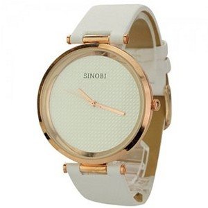 Simple PU Leather Band Without Scale Round Dial Quartz Movement with Waterproof and Stainless Steel Back-White