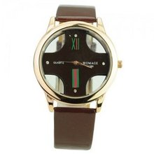 Simple Round Dial/PU Leather Band Quartz Movement Corss Transparent -Brown