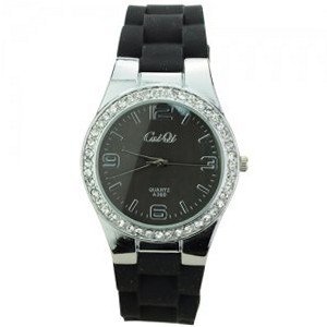 Soft Silicone Band Round Dial Rhinestones Big Scale Quartz Movement -Black