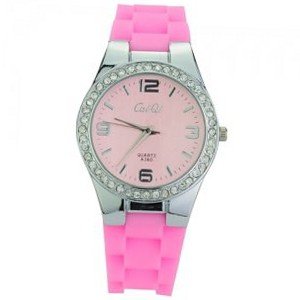 Soft Silicone Band Round Dial Rhinestones Big Scale Quartz Movement -pink