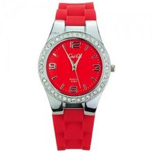 Soft Silicone Band Round Dial Rhinestones Big Scale Quartz Movement -Red