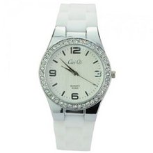 Soft Silicone Band Round Dial Rhinestones Big Scale Quartz Movement -White