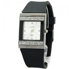 Soft Silicone Band Square Dial Rhinestones Quartz Movement -Black band and whtie dail