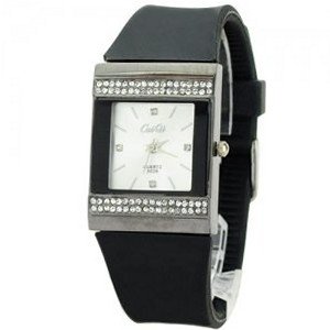 Soft Silicone Band Square Dial Rhinestones Quartz Movement -Black band and whtie dail