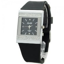 Soft Silicone Band Square Dial Rhinestones Quartz Movement -Black