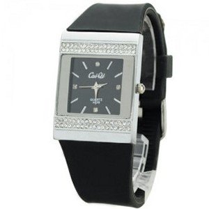 Soft Silicone Band Square Dial Rhinestones Quartz Movement -Black