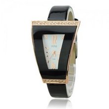 Stylish Slender PU leather Rhinestones Band Ladder-shaped Dial Quartz Movement-Black