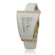 Stylish Slender PU leather Rhinestones Band Ladder-shaped Dial Quartz Movement-White