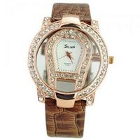 Transparent Dial Covered with Shinning Rhinestone Crystal Quartz Movement with PU Leather Band-Brown band
