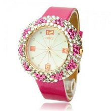 uNumaro Stylish Fashionable Graceful PU Leather Band Round Dial Quartz Movement Wrist with Rhinestone-Reddish Purple 