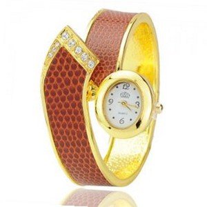 uNumaro Stylish Metal Hinge Bracelet Quartz Movement Wrist Set with Rhinestone - Dark Red 