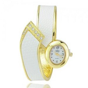 uNumaro Stylish Metal Hinge Bracelet Quartz Movement Wrist Set with Rhinestone - White 