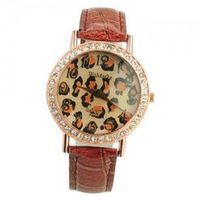 WoMaGe A449 Metal Golden Round Dial with Rhinestones Rounded PU Leather Band Casual - Brown